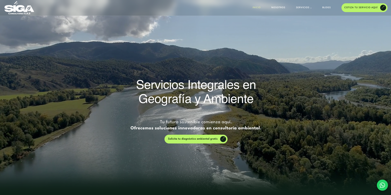 Página de inicio de SIGA Consultores, con un paisaje de río y montañas